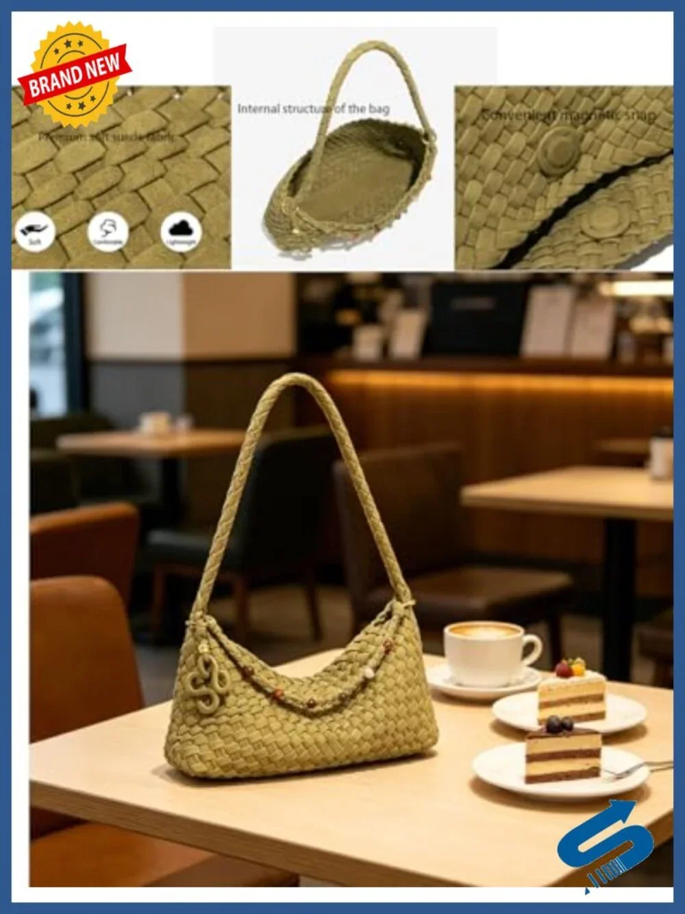 Suede Woven Hobo Shoulder Bag Small Handbag Magnetic Closure